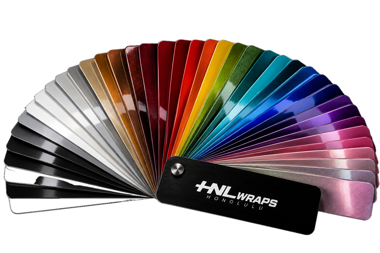 HNL WRAPS color swatch fan — dozens of Color PPF finishes